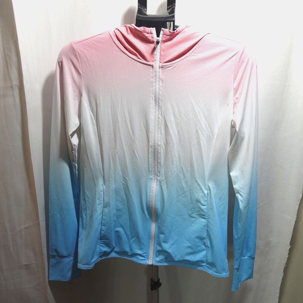 KPSUN Women’s Athletic Jacket Small Light Blue Pink Zip Pockets Stretch Hooded